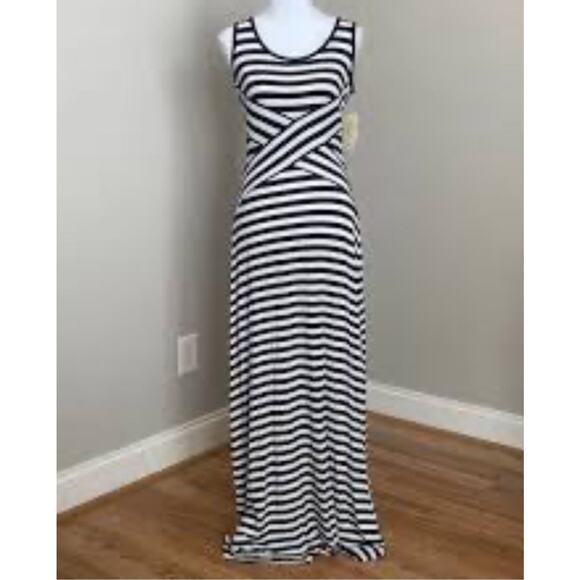 Womens Black White Striped Knit Sleeveless Maxi Dress Stretch Nautical Coverup L - Picture 1 of 6